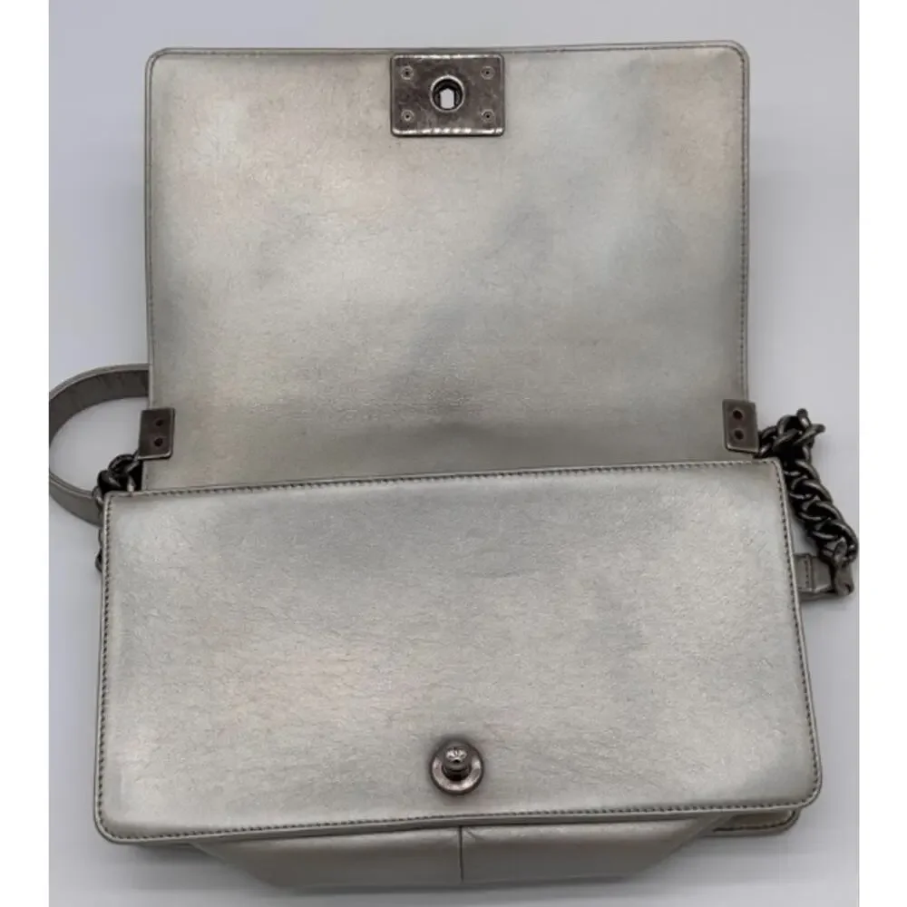 Chanel Medium Boy Flap Metallic Silver Quilted Calfskin Bag